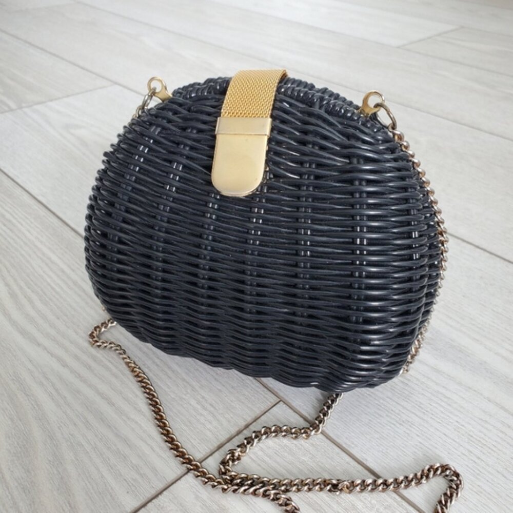Vintage Straw Structured Mermaid Black Boho Crossbody Mini Bag Purse - Picture 2 of 7